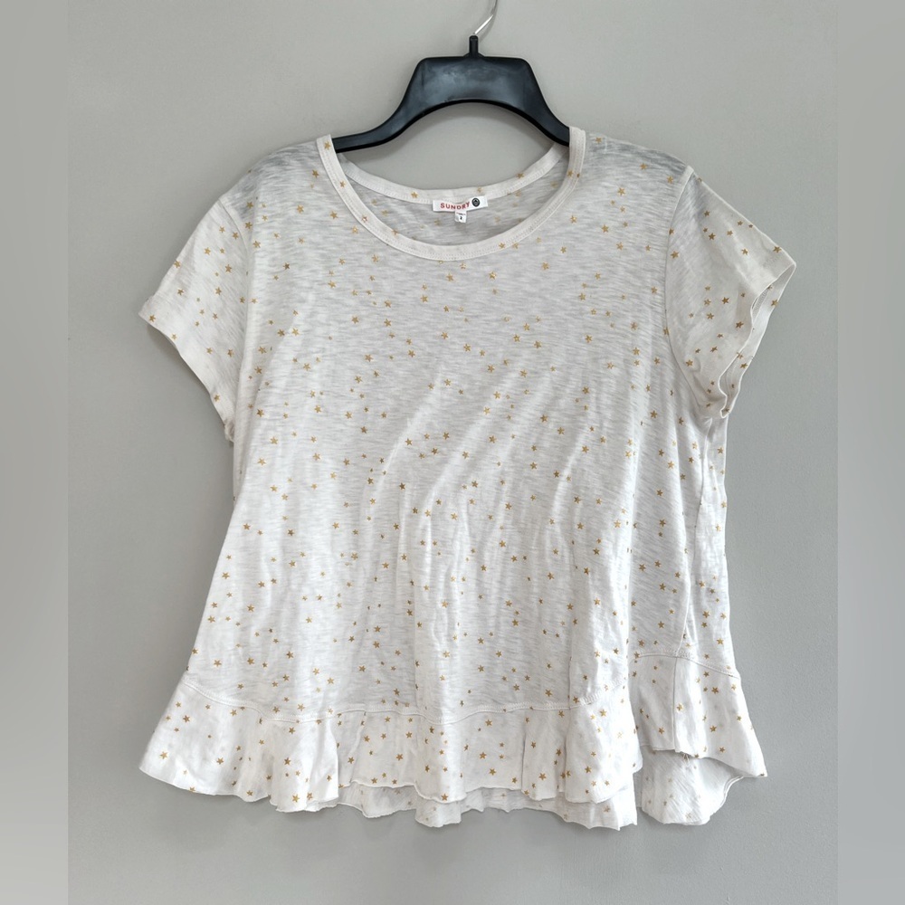 Sundry Gold Yellow Star Print Pima Cotton T-Shirt with Ruffled Hem, size M